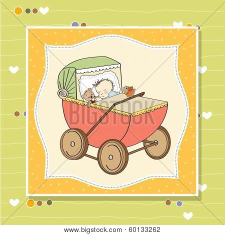 Baby Boy Shower Card With Retro Strolller