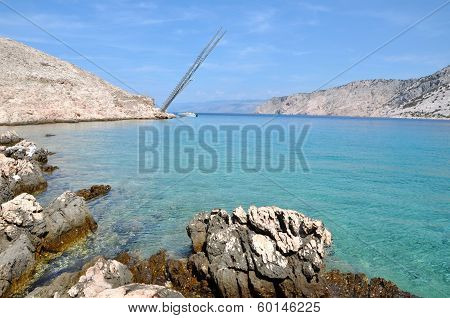 Rocky Beach In Lukovo Bay With Fishing Platforms, Croatia