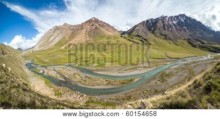 Panorama of twisting river Jil-Suu in Kirgizia