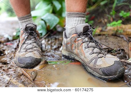 Hiking shoes on hiker in water puddle in rainforest. Man hikers hike boots in closeup. Male feet.