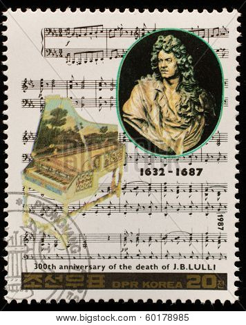 NORTH KOREA - CIRCA 1987: A stamp printed in North Korea shows Jean-Baptiste Lully (1632-1667), series Famous Composers, circa 1987