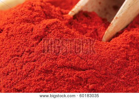 detail of powdery red pepper with immersed measuring spoon