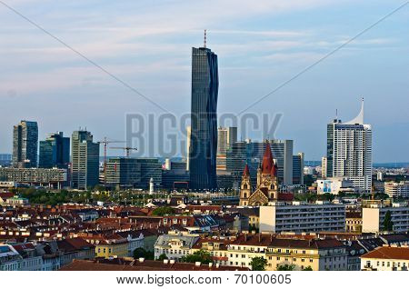 Vienna skyline at sunset, contrast between modern skycrapers and old style buildings