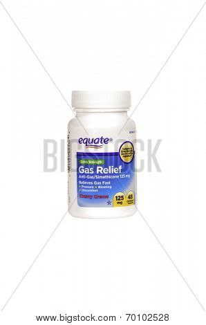 Hayward, CA - July 31, 2014: bottle of 48 Equate brand 125 mg Gas Relief tablets