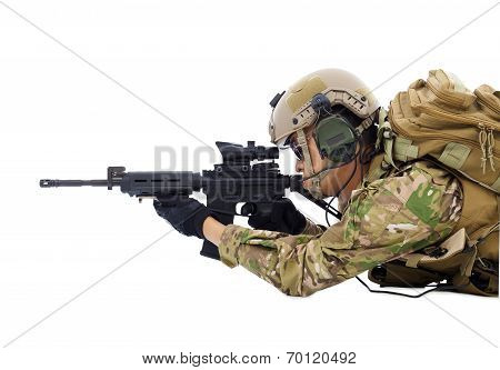 Soldier Holding Rifle Or Sniper Lying On The Floor