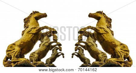 Statues Golden Hourses On White Isolate