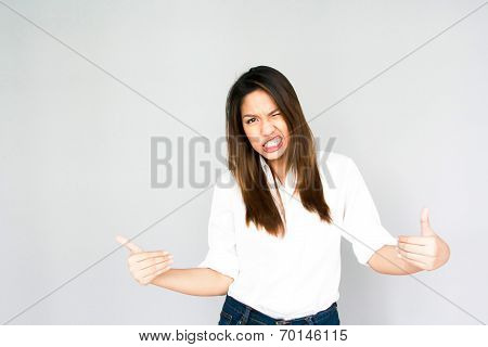 Potrait Asian Lady Show Double Like Hand On Gray Isolate