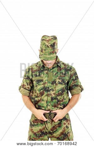 Soldier Warrior In Military Camouflage Uniform Fastened Belt