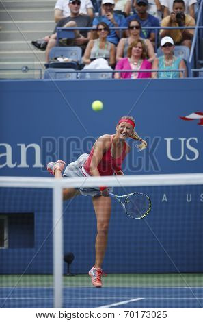 Two times Grand Slam champion Victoria Azarenka serving during quarterfinal match