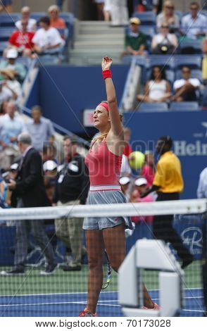 Two times Grand Slam champion Victoria Azarenka serving during quarterfinal match against Ana Ivanov