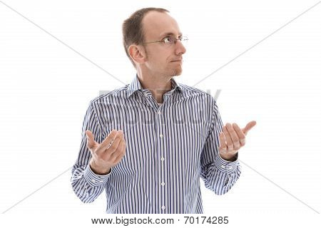 Misunderstanding Concept: Isolated Businessman Had Made U Mistake. Sorry Gesture.