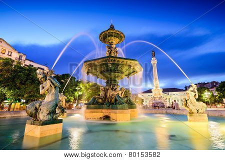 Lisbon, Portugal fountain at Rossio Square.
