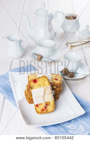 Candied Fruits Cake With Tea And Coffee For Breakfast