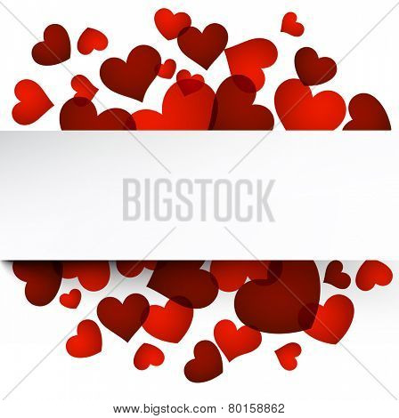 Love background with red hearts. Paper note. Valentine's greeting card. Vector illustration. 