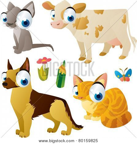 vector isolated cartoon cute animals set:farm: cat, dog, cow, kitten