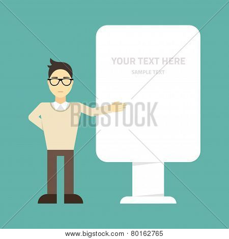 Flat vector illustration. Young businessman standing at the outdoor advertising box