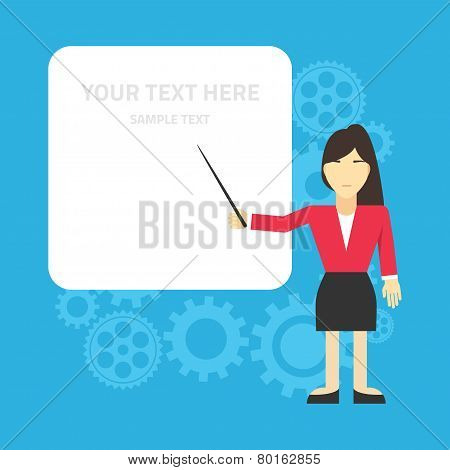 Flat vector illustration. Business woman standing at the presentation