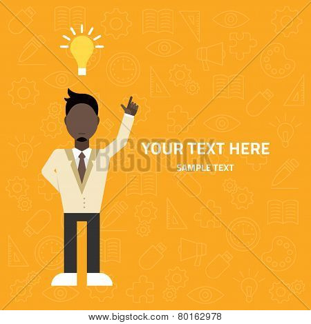 Flat vector illustration. Young businessman pointing up. Creative idea concept