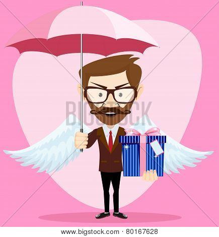 Angel Man with an umbrella Wings and Gift