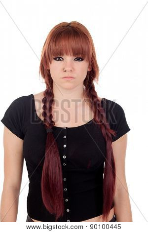 Bad teenage girl dressed in black with a piercing isolated on white background