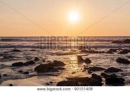Evening Scene With Sunset Above The Pacific Beach, South America