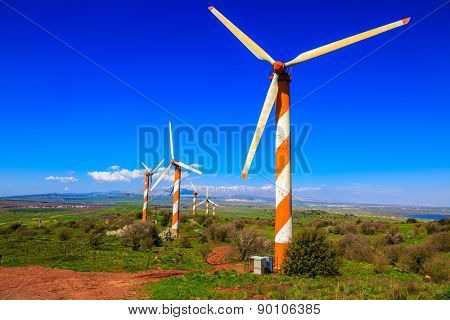 Israel. Flowering Golan Heights on a sunny day. Several huge modern windmills. Seen in the distance the snow-covered Mount Hermon