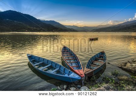 Boats On Fewa Lake In Pokhara, Nepal