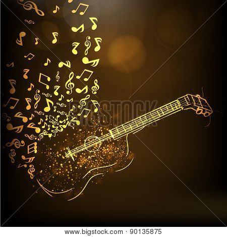 Golden illustration of a guitar with musical notes on shiny brown background.