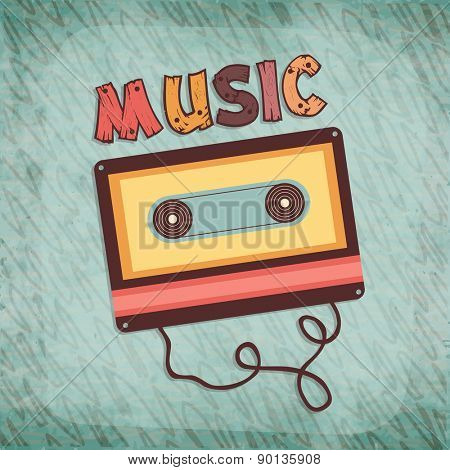 Vintage cassette tape and colorful wooden text Music on stylish green background.