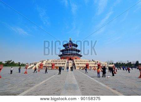 BEIJING, CHINA - APR 6: Temple of Heaven with tourists on April 6, 2013 in Beijing, China. It is the religious complex where the Emperors pray to the Heaven for good harvest.