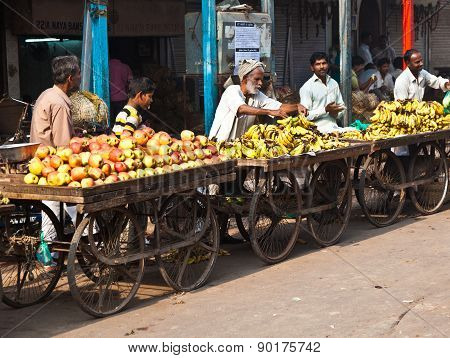 People Sell Fruits At Chawri Bazar In Delhi, India