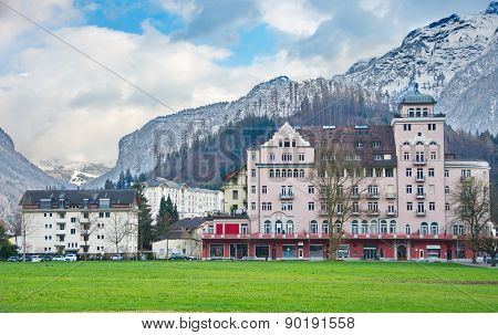Mountains And Historic Architecture In Interlaken, Switzerland