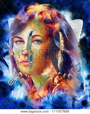 Beautiful Goddness women and color butterfly, mixed media, abstract color background, violet, blue,