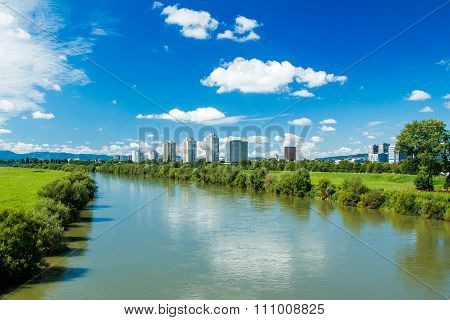 River Sava and Zagreb modern skyline, summer midday