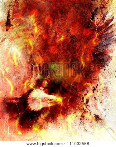beautiful painting of eagle on an abstract background, color with fire and spot structures and ornam