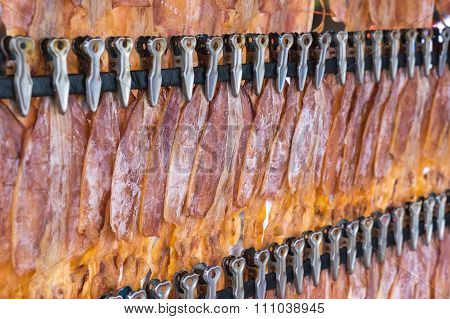 Dried squid in row, raw food, Asia food.