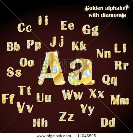 Golden alphabet with diamonds, uppercase and lowercase letters. Vector illustration.