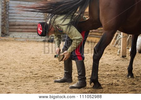 Cossack Grooming Horse In The Stall