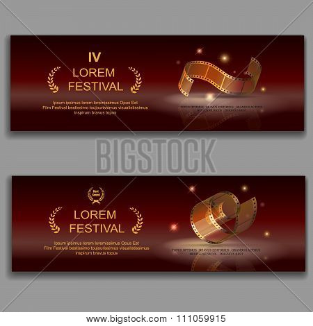 festival movie horizontal banners,  camera film 35 mm roll gold,  Slide films frame, vector illustra