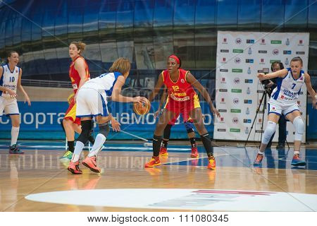 MOSCOW -- DECEMBER 4, 2014: L. Jackson (12) on the International Europe bascketball league match Dynamo Moscow vs Maccabi Ashdod Israel in sport palace Krilatskoe, Moscow, Russia. Dynamo loss 59:67