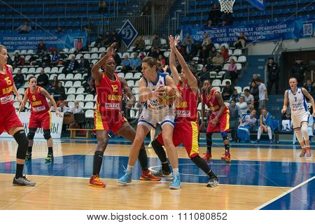 MOSCOW -- DECEMBER 4, 2014:  Some players on the International Europe bascketball league match Dynamo Moscow vs Maccabi Ashdod Israel in sport palace Krilatskoe, Moscow, Russia. Dynamo loss 59:67
