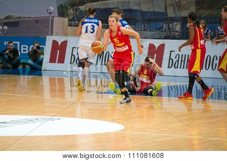 MOSCOW -- DECEMBER 4, 2014:  Some players on the International Europe bascketball league match Dynamo Moscow vs Maccabi Ashdod Israel in sport palace Krilatskoe, Moscow, Russia. Dynamo loss 59:67