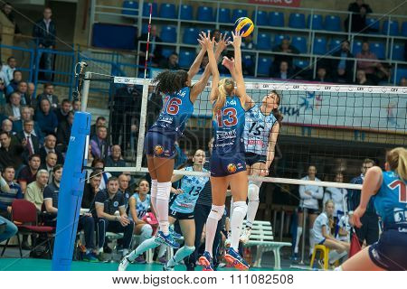 MOSCOW RUSSIA - DECEMBER 2, 2015: Unidentified players in action during the game on women's Rissian volleyball Championship game Dynamo (MSC) vs Dynamo (KZN) at the Luzhniki stadium in Moscow Russia. Kazan won in serie 3: 2
