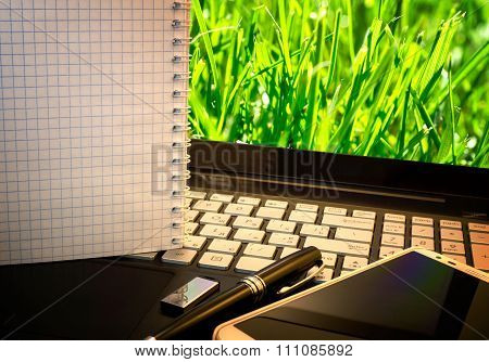 Office Workplace With Notebook, Smart Phone, Pen, Flash Drive And Wordpad With Green Grass Backgroun