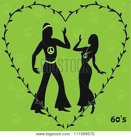 Two Hippie Dancers,retro Illustration Of Sixties