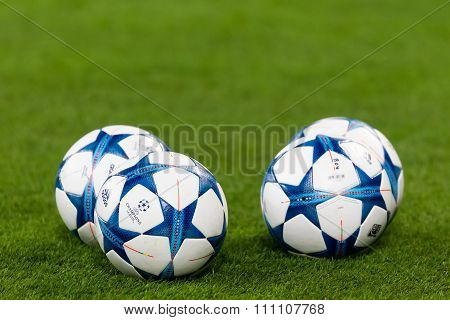 Champions League Football Balls In The Field Before The Match Of The Champions League  Bayer 04 Leve