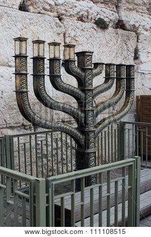 Big Menorah On Western Wall Background