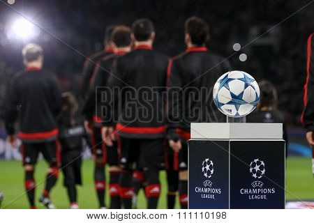 The Ball Of The Champions League On A Pedestal Close-up During The Uefa Champions League Game Betwee