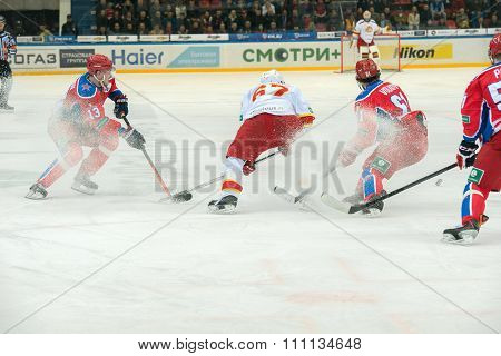 MOSCOW - MARCH 19, 2015: Hockey players CSKA rejoice the victory in the hockey game Yokerit vs CSKA on Russia KHL championship in the sports complex CSKA Moscow, Russia. CSKA won 4: 2