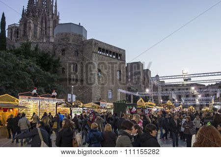 Barcelona, Spain - November 28, 2015: Stands with  Christmas gifts in Barcelona, Spain. Fira de Sant